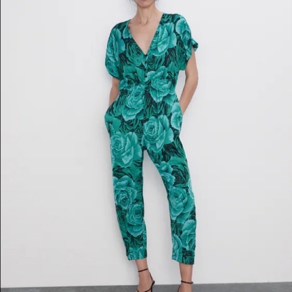 Zara Floral Botanical Rose Motif Teal / Emerald Jumper - Picture 5 of 9